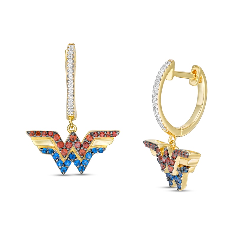 Garnet, Blue Sapphire and 1/15 CT. T.W. Diamond Symbol Drop Earrings in 10K Gold